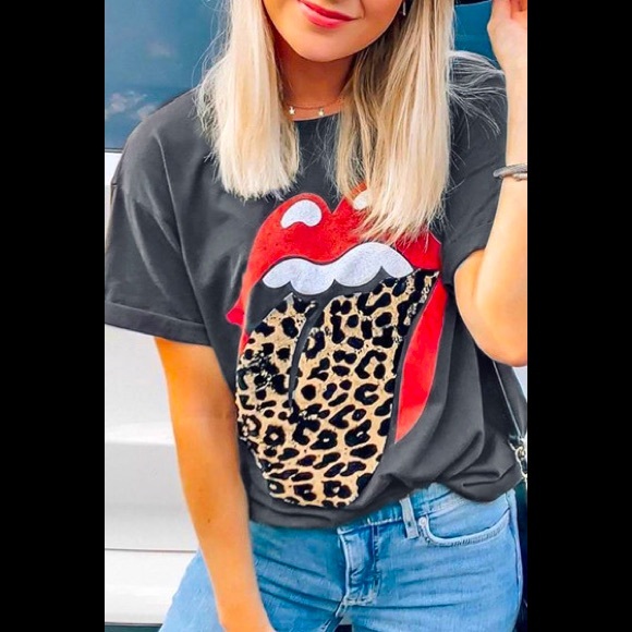 Dark Grey 👄 Animal Print leopard 🐆 Tongues 👅 Rolling Stones 💯 Cotton T-Shirt - Picture 2 of 4